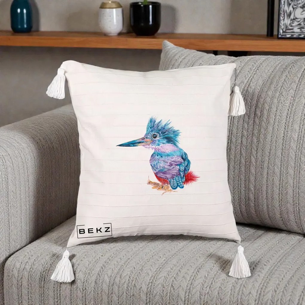 Perna Decorativa Pasare Martin Pescar Acuarela Albastru-Mov, 40x40 cm, Bej cu Franjuri, Husa Detasabila, Perna Inclusa, BEKZ®