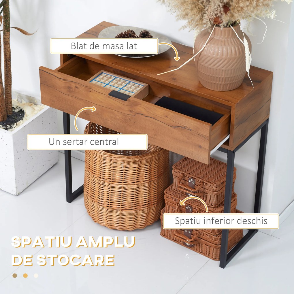 HOMCOM Consola pentru hol cu sertar, masa consola din lemn cu picioare din otel, 80x30x76cm, maro si negru | Aosom Romania