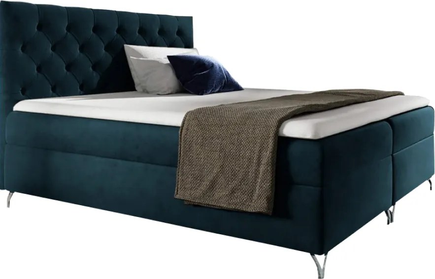 Pat cu boxspring, 140x200, albastru închis Velvet, GULIETTE + cadou