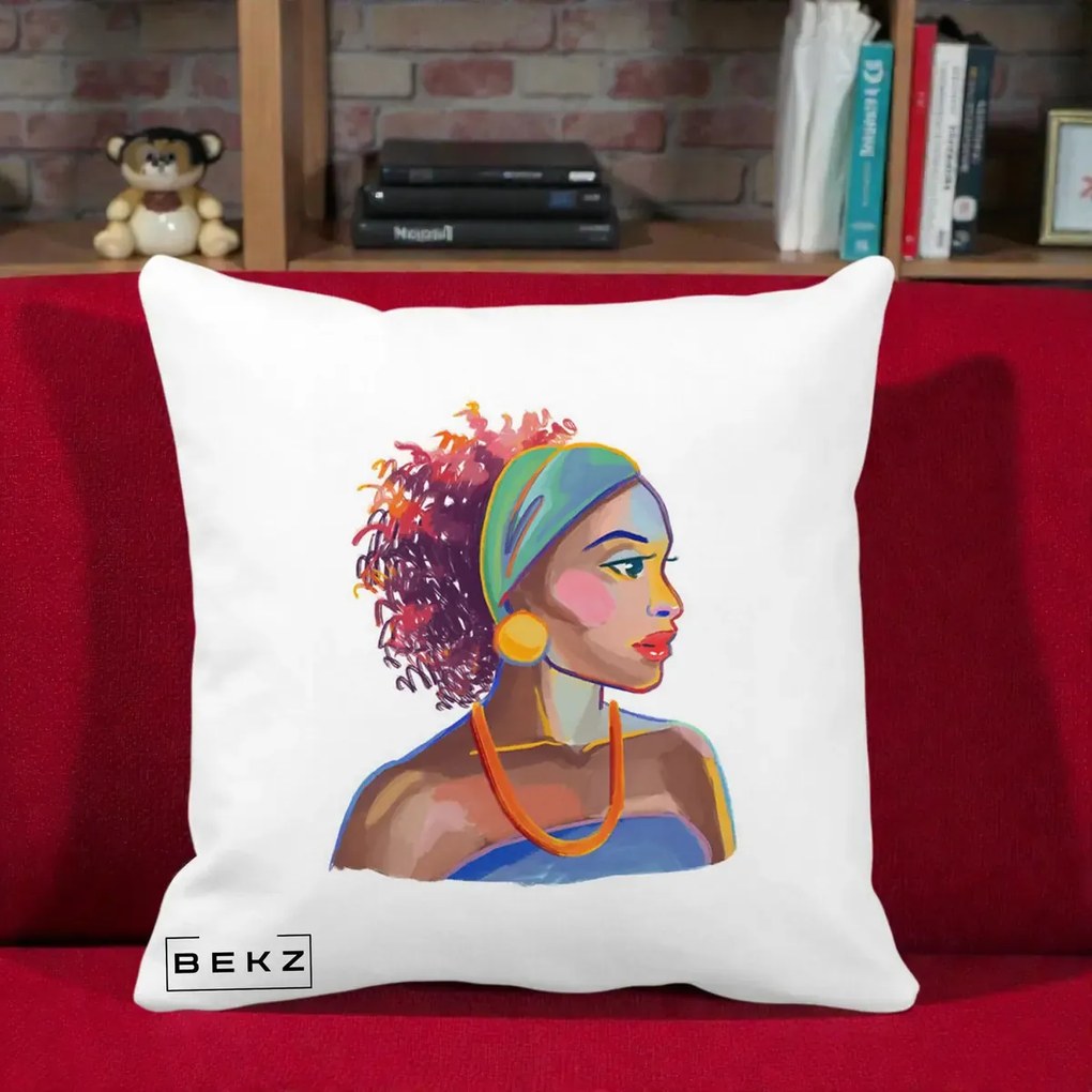 Perna Decorativa Portret Femeie Urbana Acuarela, 40x40 cm, Alba Mata, Husa Detasabila, Perna Inclusa, BEKZ®