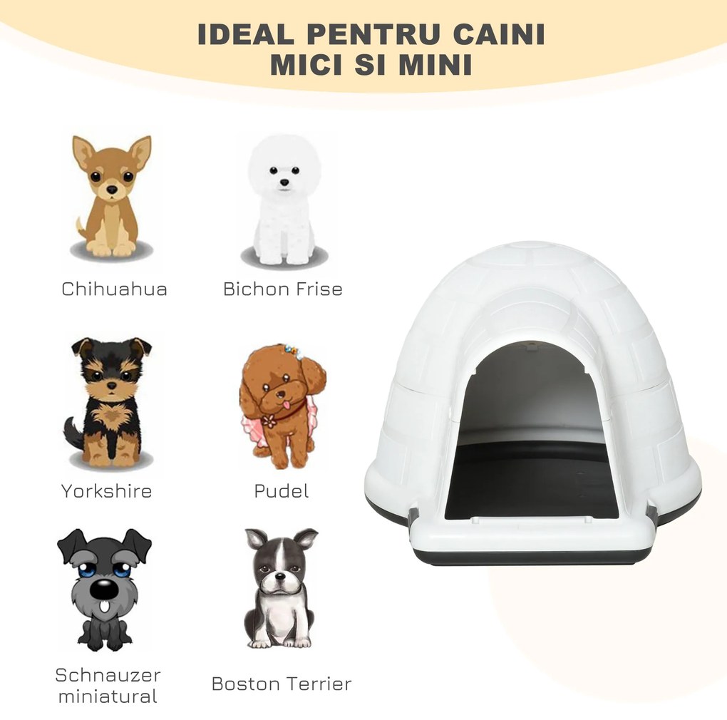 PawHut Cusca Casuta de Exterior pentru Caini de Talie Mica in Form ade Iglu cu Usa, pentru Mops, Bichon Frise, Chihuahua, 68,2x80x53cm