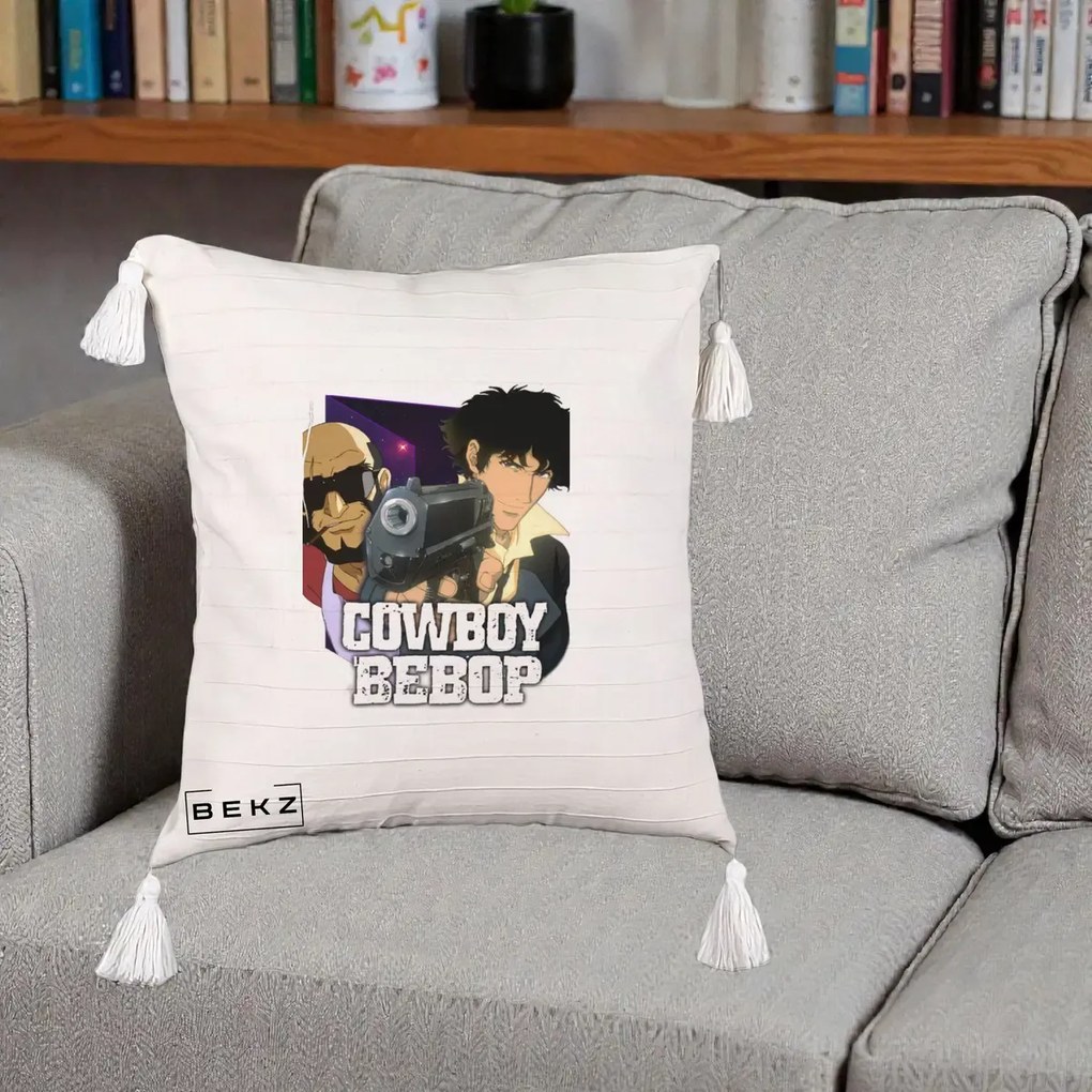Perna Personalizata Cowboy Bebop Spike si Jet Poster, 40x40 cm, Bej cu Franjuri, Husa Detasabila, Perna Inclusa, BEKZ®