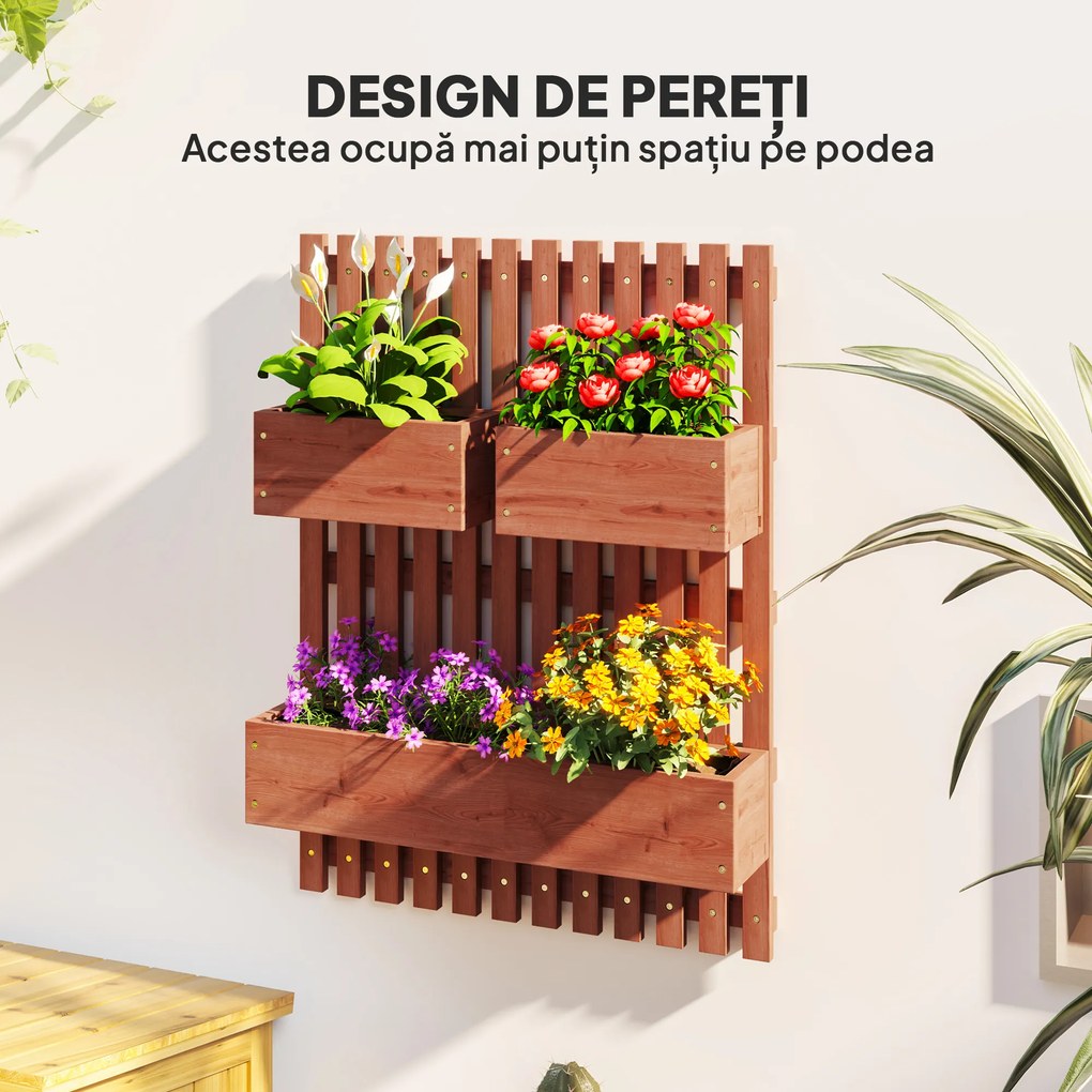 Outsunny Jardinieră Verticală cu Șipci și 3 Vase Detașabile, în Lemn de Brad, 60x16x80 cm, Maro | Aosom Romania