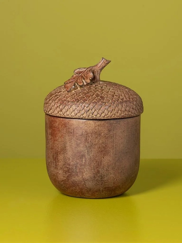 Cutie decorativă din rășină maro în formă de ghindă, capac texturat și frunză de stejar, finisaj antichizat, 18,5 x 13,5 cm, „Glandine”