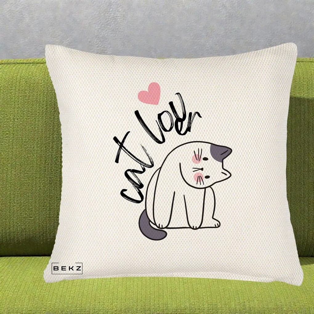 Perna Personalizata Cat Lover Pisica Ilustratie Linie, 40x40 cm, Crem Reliefat, Husa Detasabila, Perna Inclusa, BEKZ®