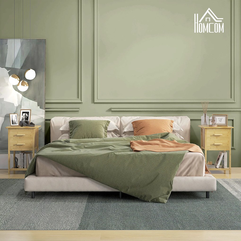 HOMCOM Noptiere, 2 piese, cu 2 Sertare și Poliță de Jos în Stil Nordic, Noptiere Moderne din Bambus, 40x34x60 cm, Lemn Natural | Aosom Romania