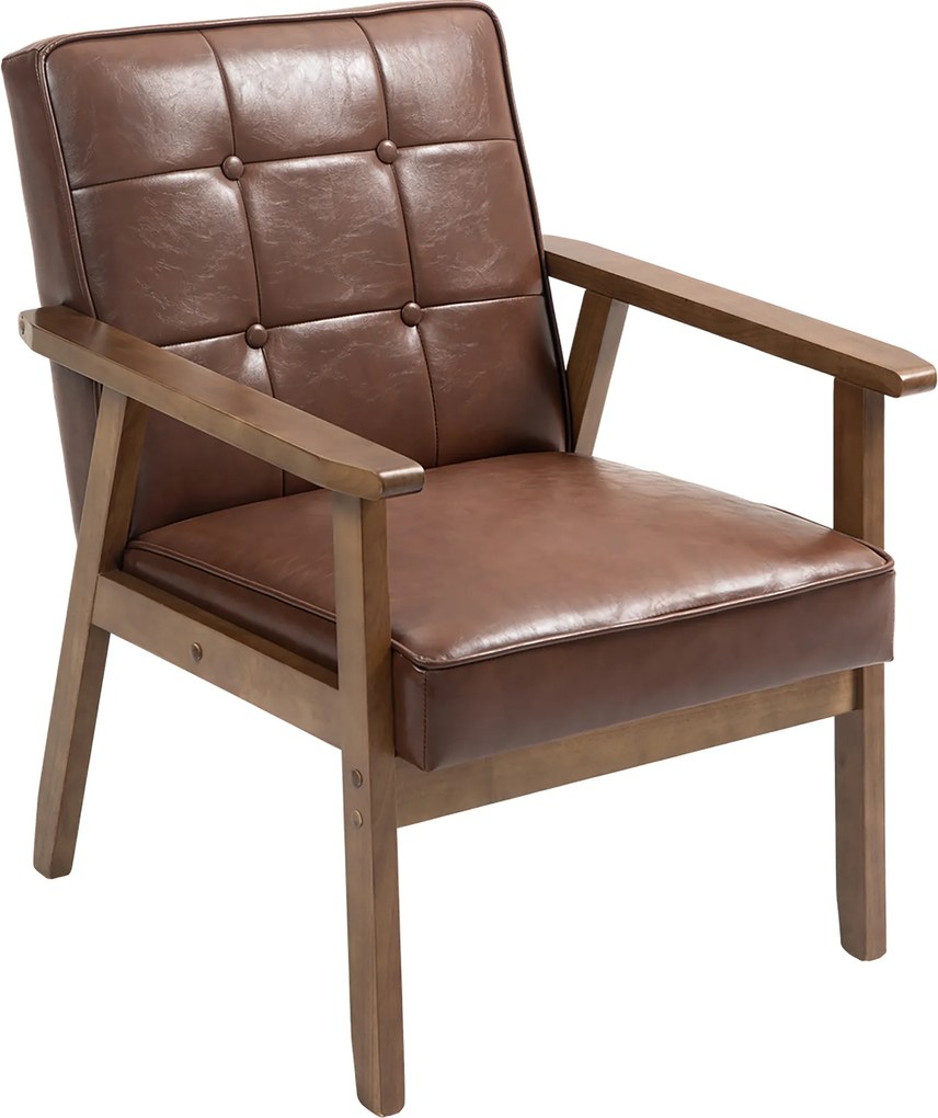 HOMCOM Fotoliu de salon, fotoliu de cameră din piele sintetică, spătar capitonat, picioare din lemn masiv, 64x66x80cm, maro | Aosom Romania