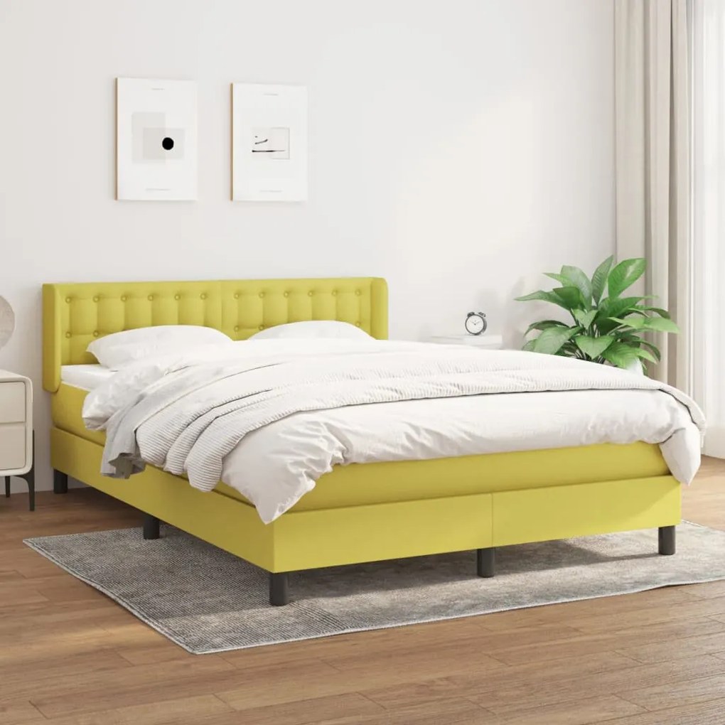 Pat box spring cu saltea, verde, 140x200 cm, textil Verde, 140 x 190 cm, Nasturi de tapiterie