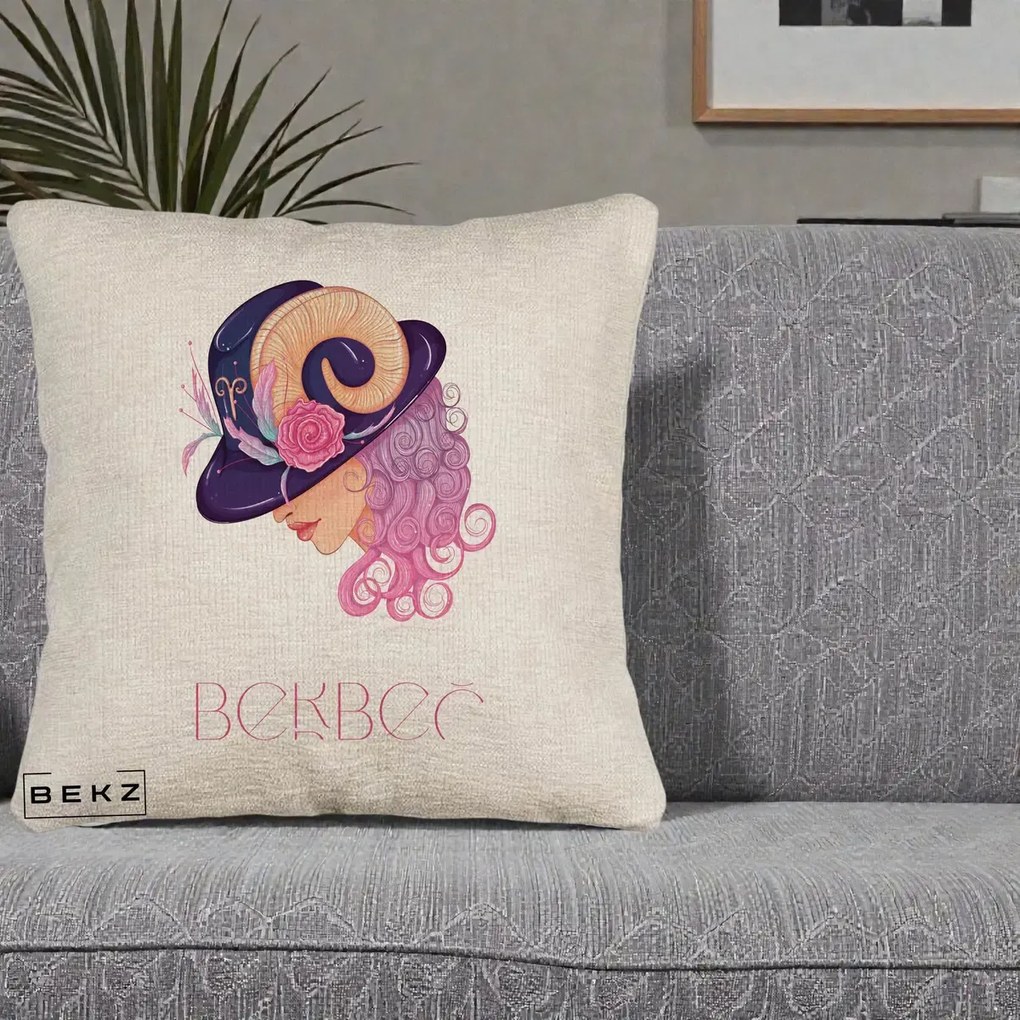 Perna Personalizata Zodie Berbec, 40x40 cm, Bej Canapea, Husa Detasabila, Perna Inclusa, BEKZ®