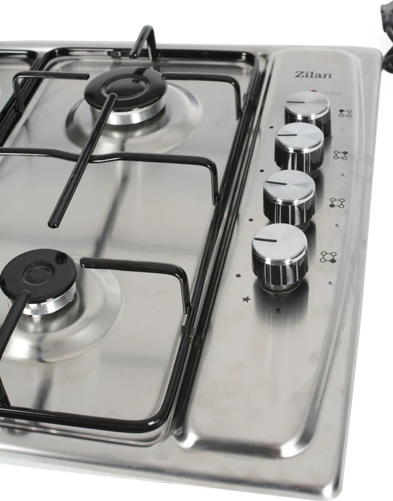 Plita incorporabila Zilan ZLN1918 GPL si Gaz natural 58x50 cm, 3 ochiuri, 1 ochi electric, duze de schimb incluse, aprindere electrica, Inox