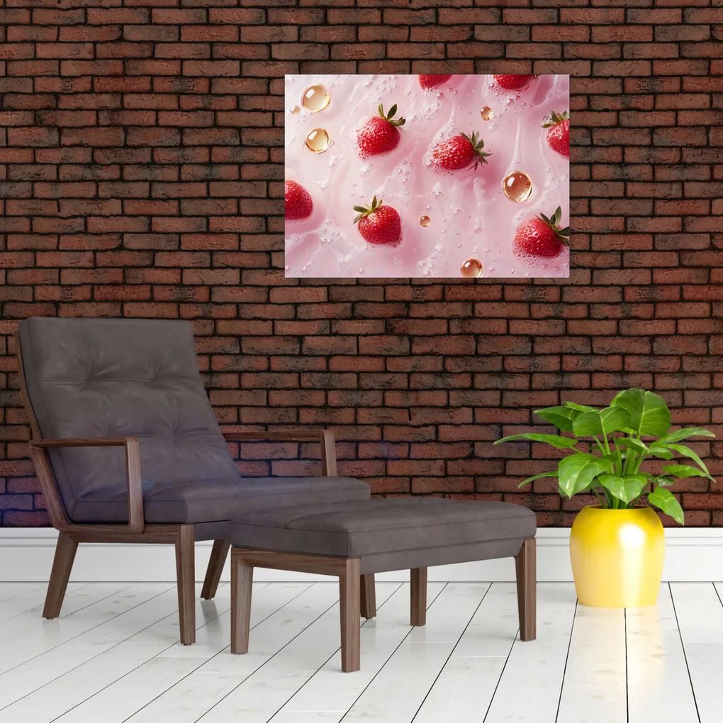 Tablou pe sticlă - Căpșuni în bule (70x50 cm)