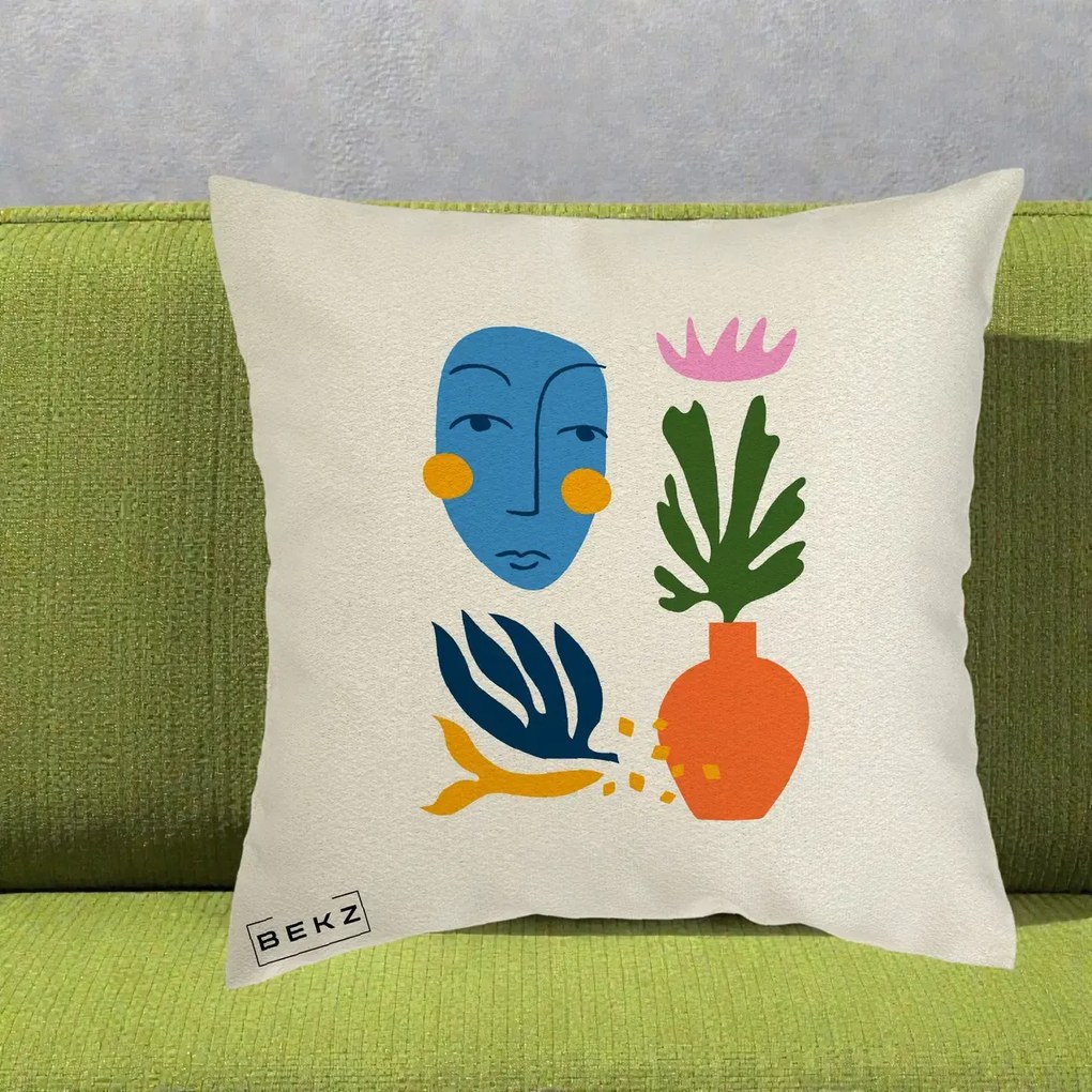 Perna Decorativa Masca Botanica Abstracta, 40x40 cm, Ecru, Husa Detasabila, Perna Inclusa, BEKZ®