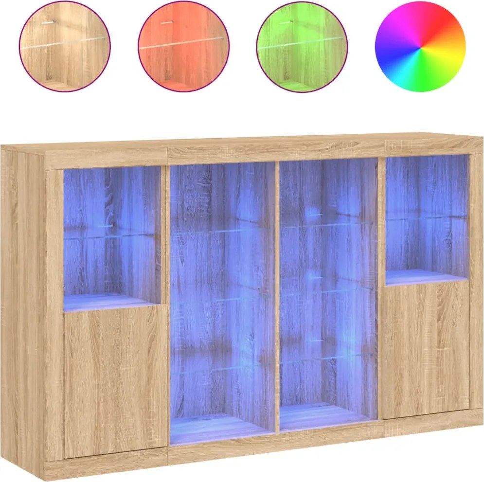 vidaXL Servantă cu lumini LED, 3 buc., stejar sonoma, lemn prelucrat