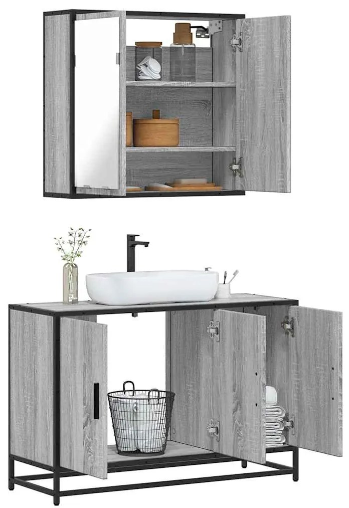 vidaXL Set mobilier de baie, 2 piese, gri sonoma, lemn prelucrat