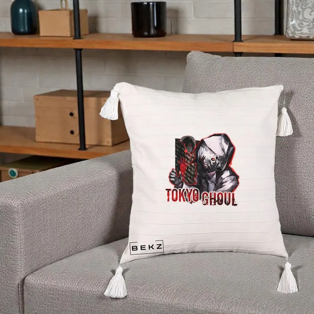 Perna Personalizata Tokyo Ghoul Ken Kaneki Anime, 40x40 cm, Bej cu Franjuri, Husa Detasabila, Perna Inclusa, BEKZ®