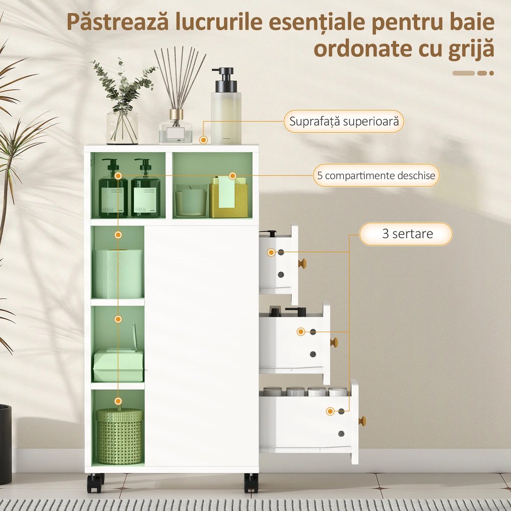 HOMCOM Unitate de Stocare pentru Baie Slim cu Roți - Alb | Aosom Romania