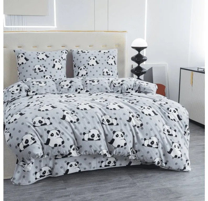 Set lenjerie microfleece + cearsaf 180x200 cm PANDA gri, pat dublu