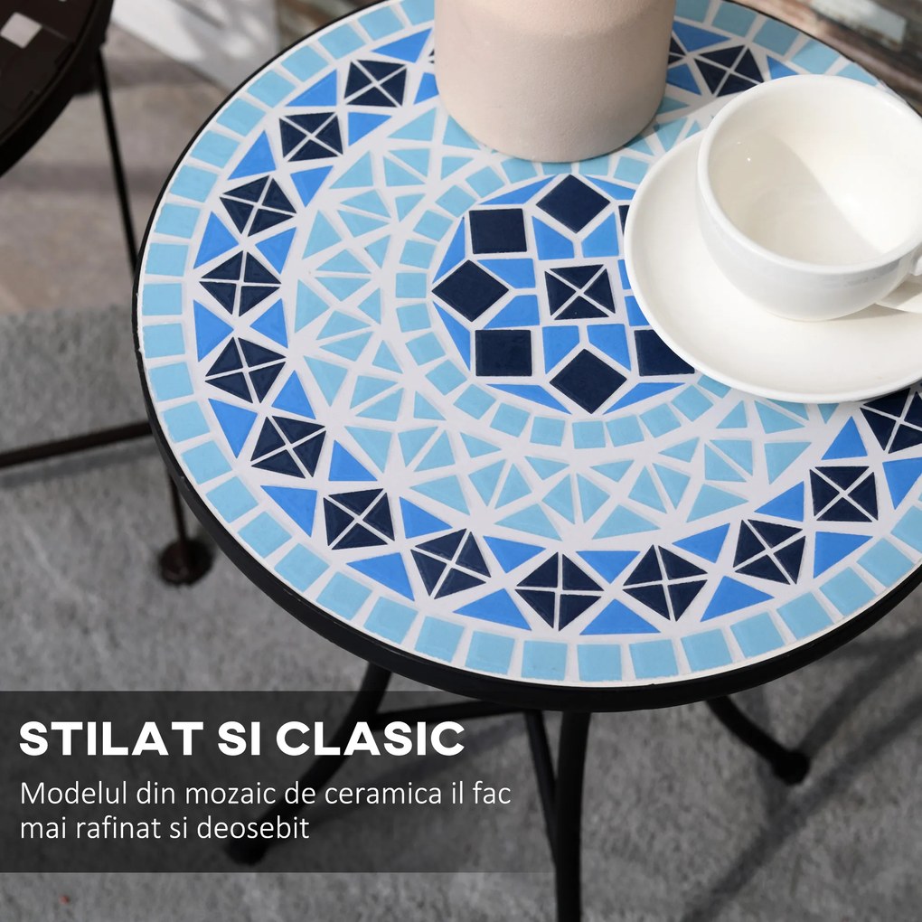 Masuta de Gradina din Metal Outsunny cu Blat din Ceramica, Design Mozaic, Albastru Ф35,5x53,5cm | Aosom RO