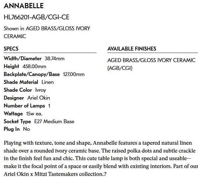 Veioza LUX, Ceramica Ivory, Tesatura In, ANNABELLE