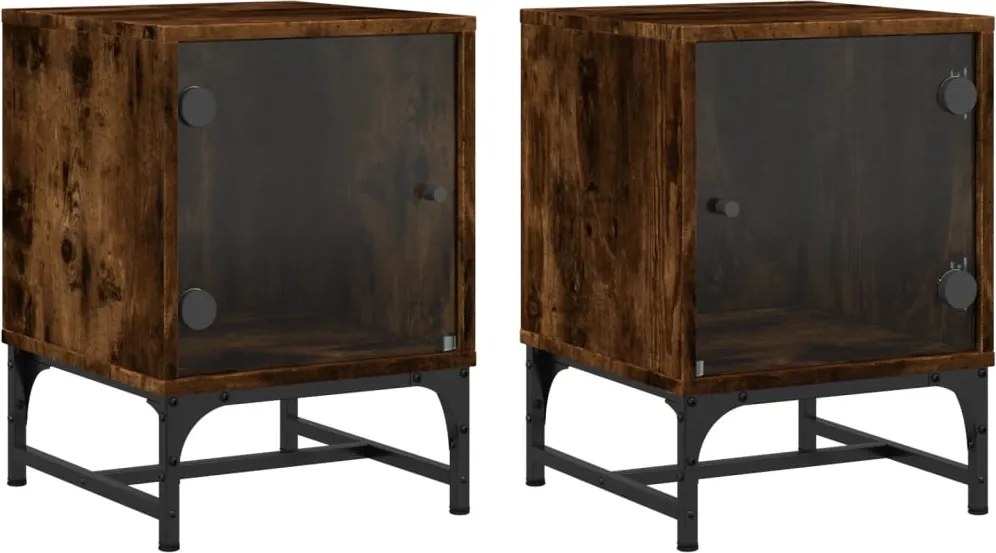 vidaXL Noptiere cu uși din sticlă, 2 buc., stejar afumat, 35x37x50 cm