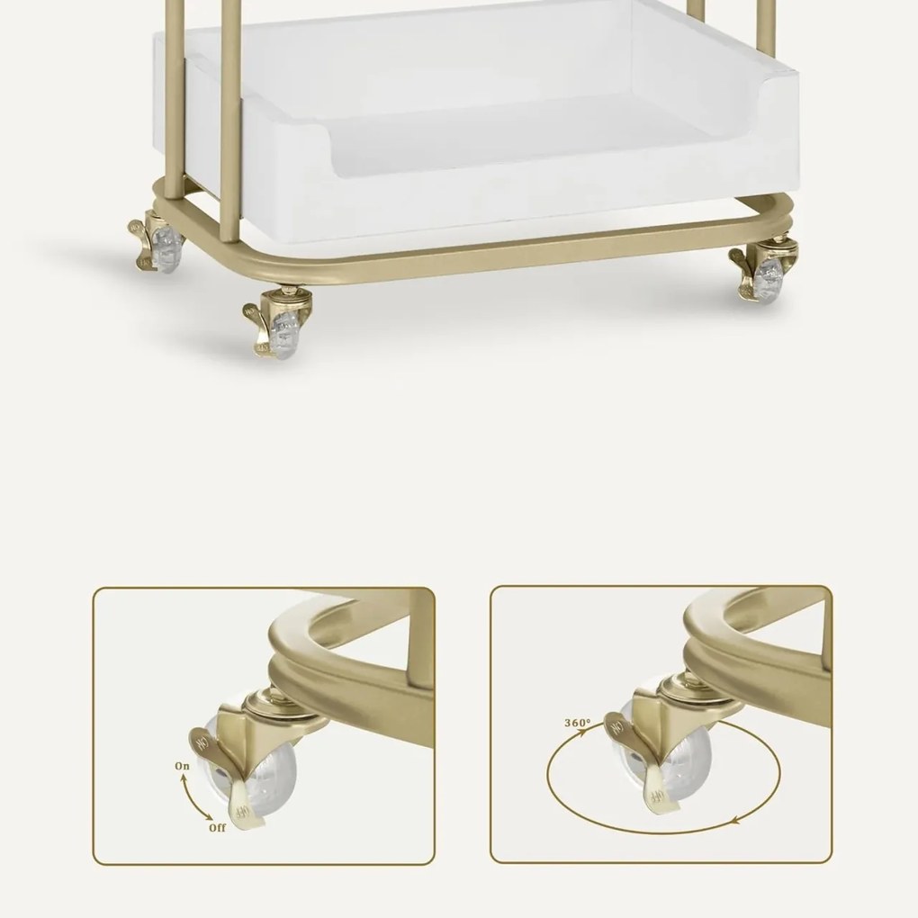 CMAU201 - Carucior 51 cm, cu Rafturi si Roti, masuta manichiura, ucenic cosmetica, masa coafor - Alb - Imitatie de marmura - Auriu
