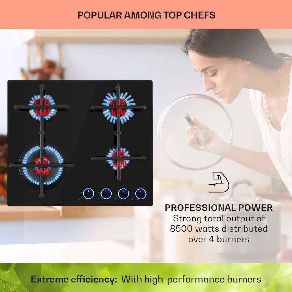 Klarstein Illuminosa 4, plită pe gaz, 4 arzătoare Sabaf, sticlă ceramică, neagră