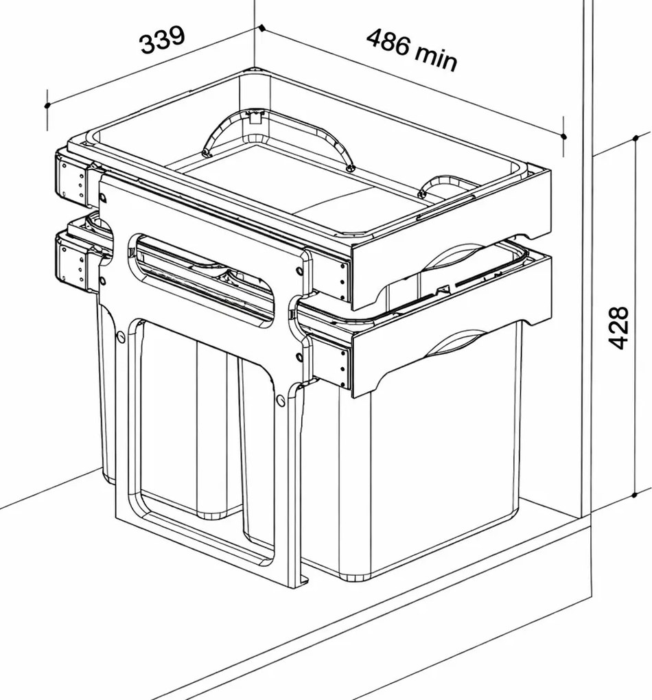 Cos gunoi incorporabil Tank 40 Ecomax, cu extragere totala, colectare selectiva, 2 x 16 l Polipropilena, Gri Verde Albastru, H:428 mm; L:339 mm; A:486
