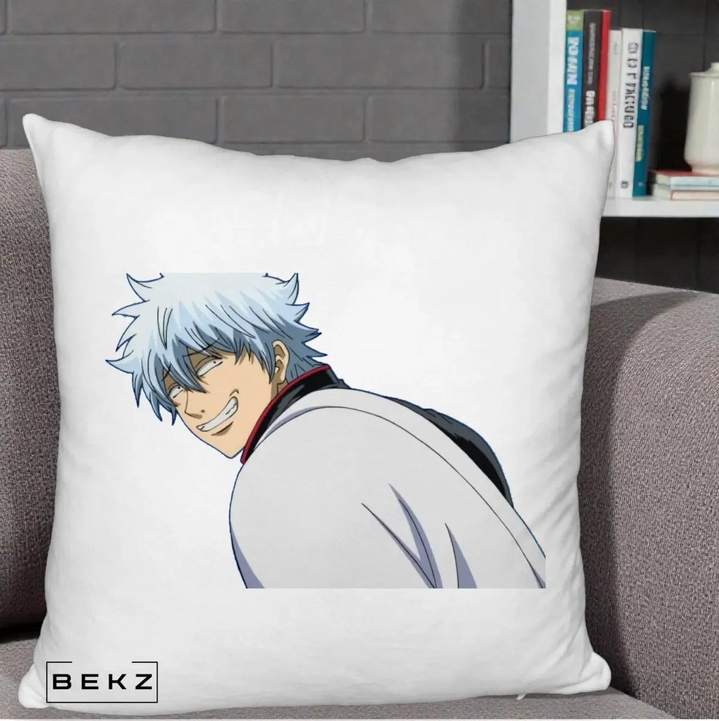 Perna Personalizata Gintama Gintoki Portret cu Zambet, 40x40 cm, Alb Pufos, Husa Detasabila, Perna Inclusa, BEKZ®