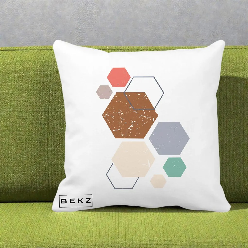 Perna decorativa boho Geometric Hexagoane Multicolor, 40x40 cm cu Umplutura, Alb Mat, BEKZ