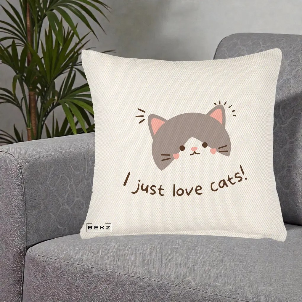 Perna Personalizata I Just Love Cats Pisica Kawaii, 40x40 cm, Crem Reliefat, Husa Detasabila, Perna Inclusa, BEKZ®