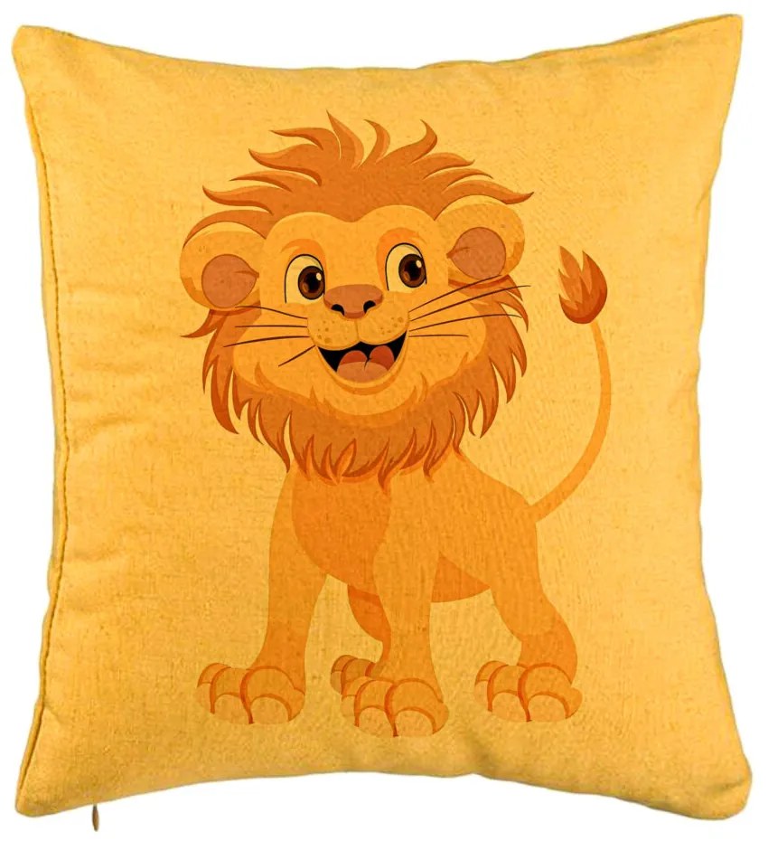 Perna Decorativa, Model copii Little Lion, 40x40 cm, Galben, Husa Detasabila, Burduf