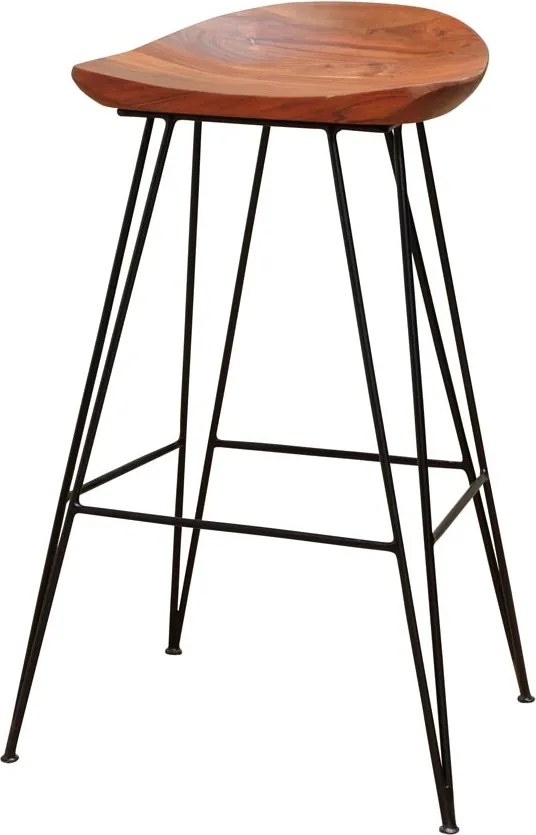 Scaun de bar din lemn de acacia și metal, maro, în stil industrial, cu șezut scobit și picioare tip ac de păr, 80 x 46 x 40 cm, „Mauru”