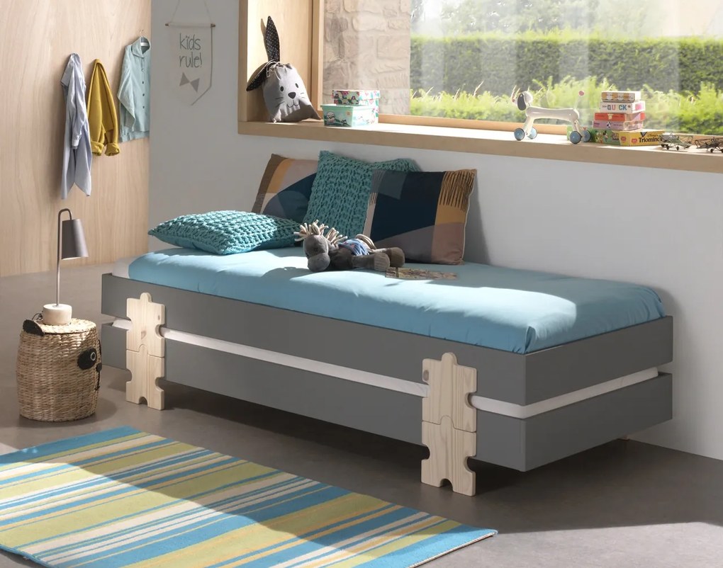 Set 2 paturi stivuibile pentru copii MODULO, din MDF și pin masiv, cu somiere cu lamele incluse – Vipack