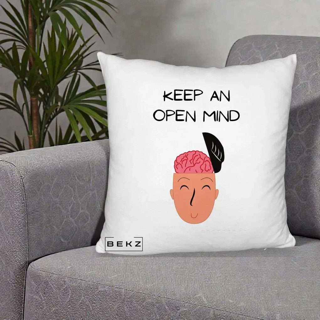 Perna Decorativa Keep An Open Mind, 40x40 cm, Alb Pufos, Husa Detasabila, Perna Inclusa, BEKZ®