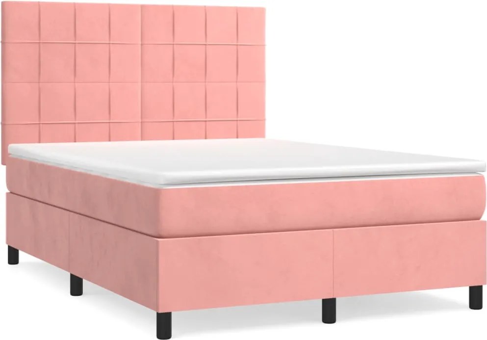 vidaXL Pat box spring cu saltea, roz, 140x190 cm, catifea