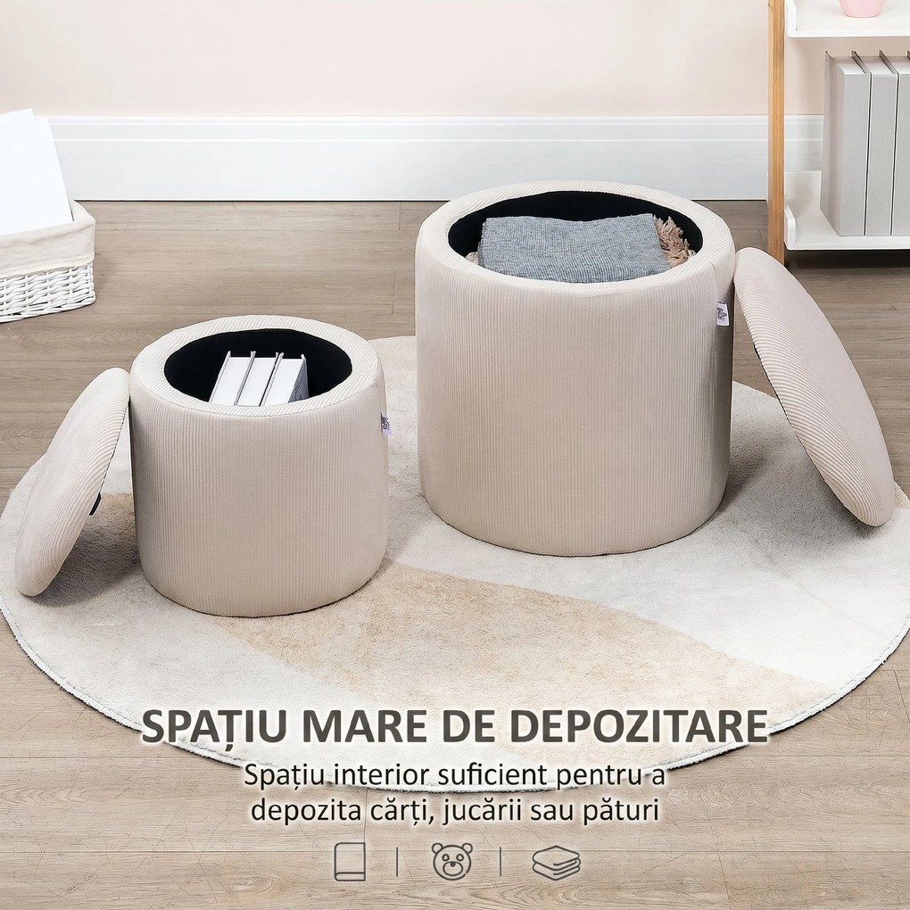 HOMCOM Set de 2 Pouf-uri pentru Depozitare Salvaspazio Rotunde și Îmbunătățite din Catifea cu Nervuri, Alb | Aosom Romania