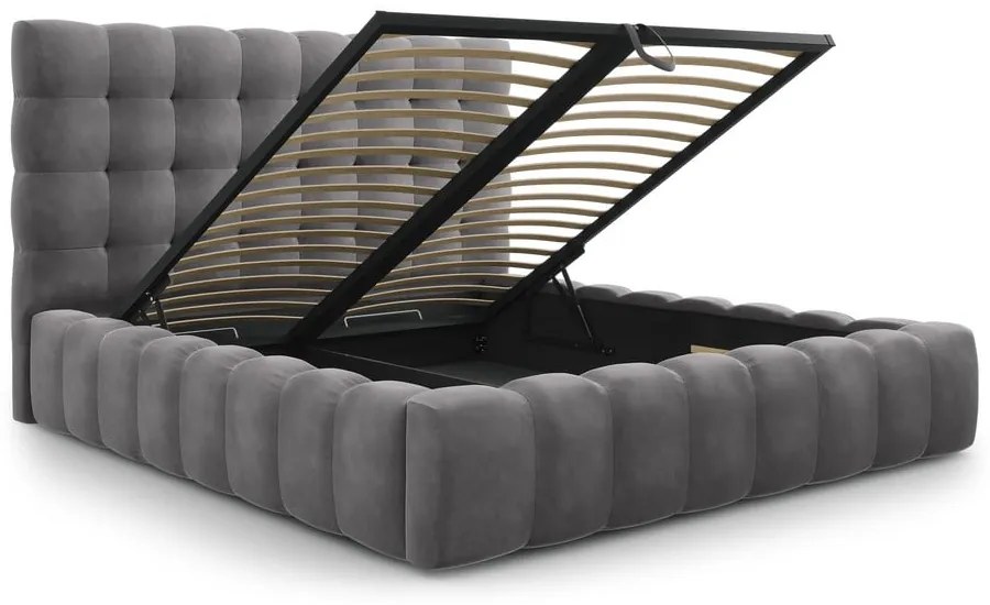 Pat matrimonial gri tapițat cu spațiu de depozitare și somieră 200x200 cm Bali – Cosmopolitan Design