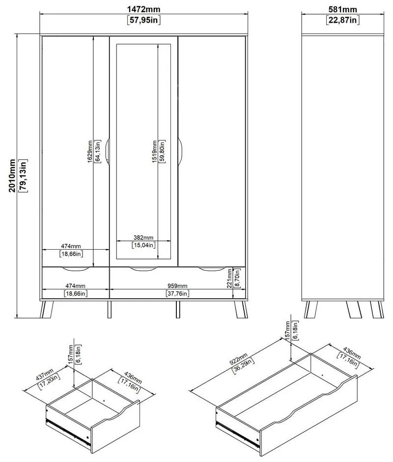 Șifonier alb-în culoare naturală cu aspect de lemn de stejar cu oglindă 147x201x58 cm Ikast – Tvilum