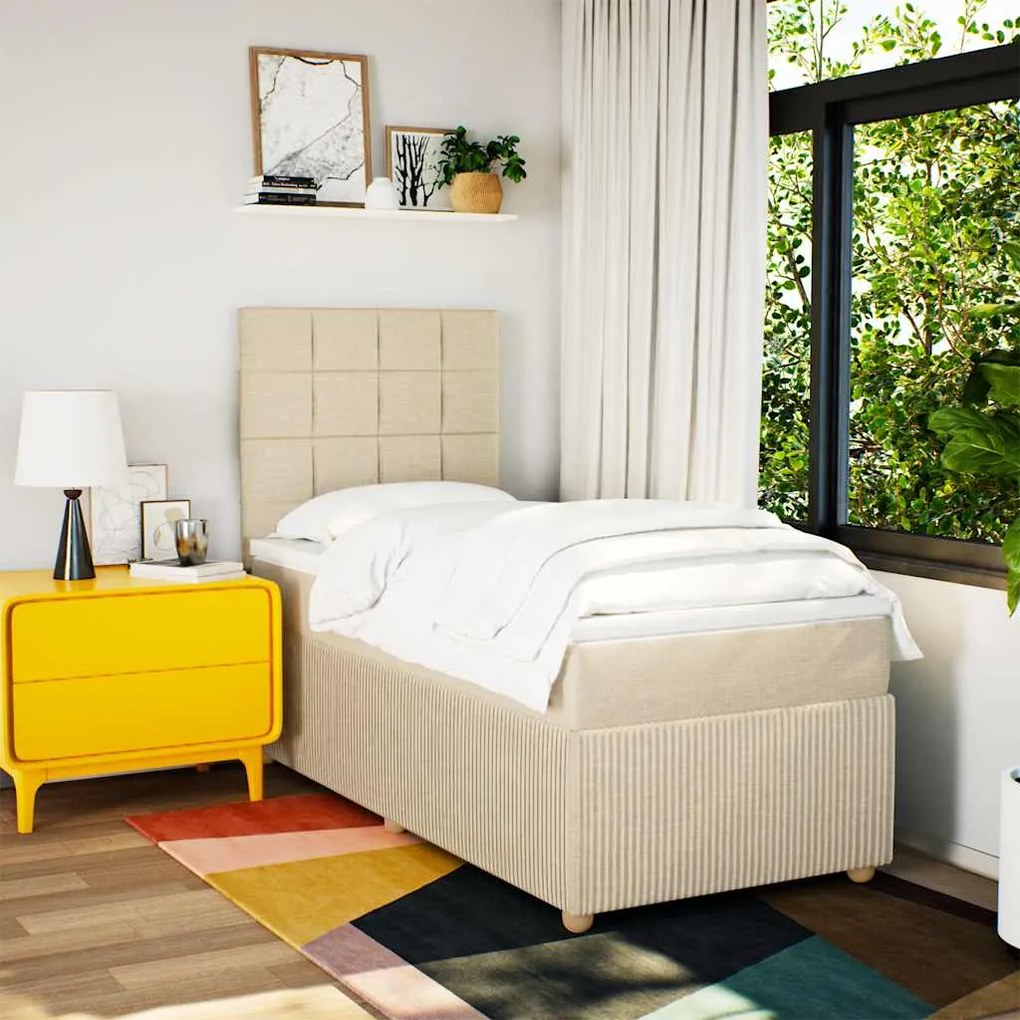 vidaXL Pat box spring cu saltea, crem, 80x200 cm, textil