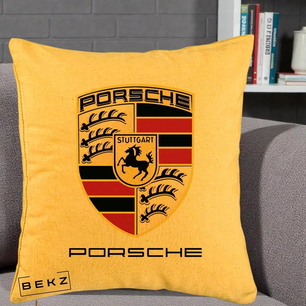 Perna Personalizata Porsche Stuttgart, 40x40 cm, Galben, Husa Detasabila, Perna Inclusa, BEKZ®
