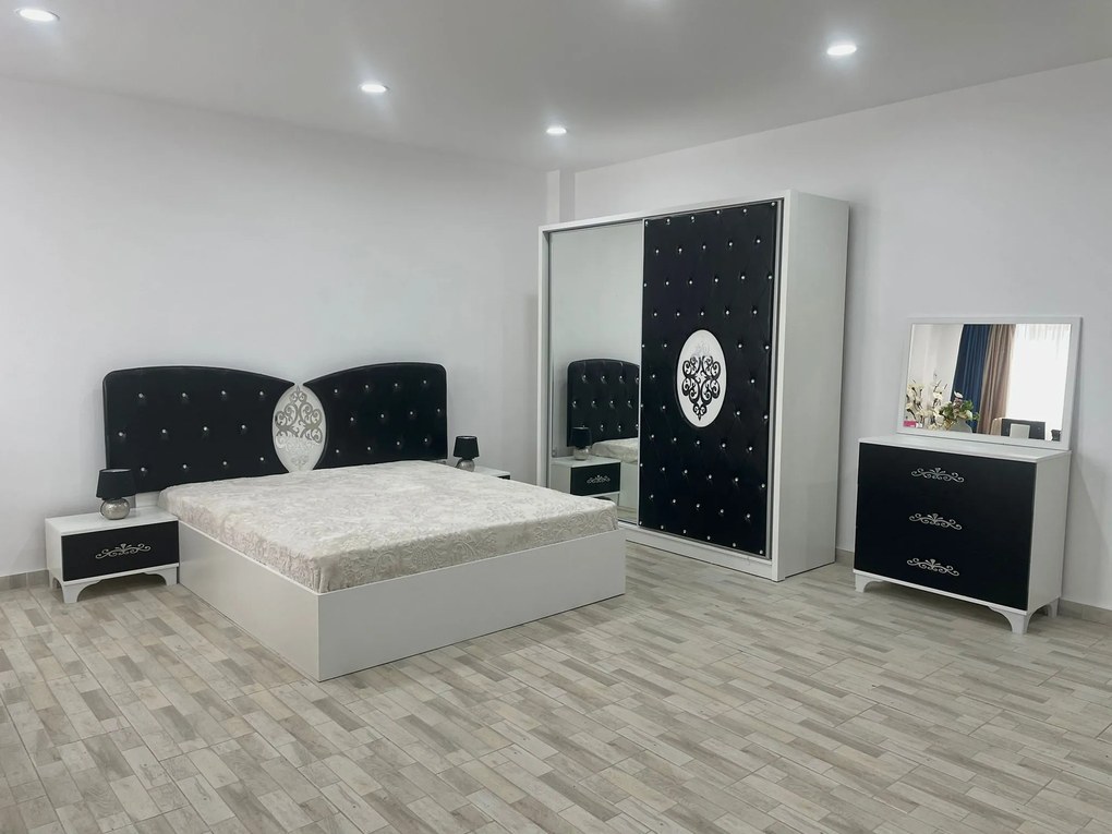 Dormitor Viena, culoare alb / negru, cu pat tapitat 160 x 200 cm, dulap cu 2 usi, comoda cu oglinda, 2 noptiere si saltea