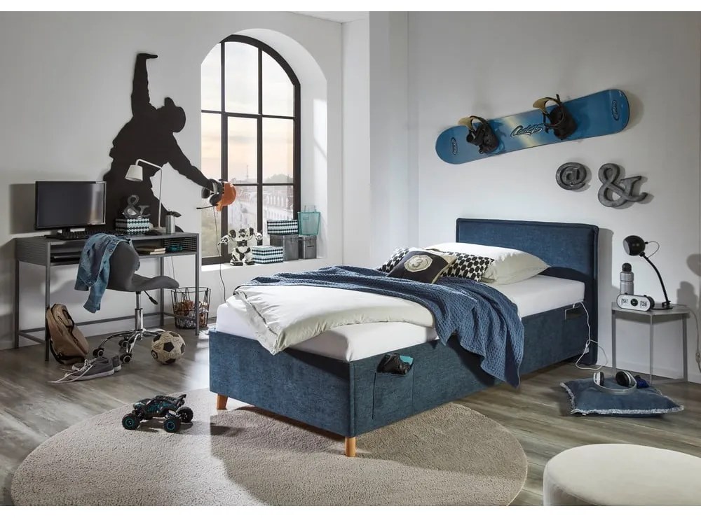 Pat pentru copii albastru închis tapițat fără somieră 120x200 cm Fun – Meise Möbel