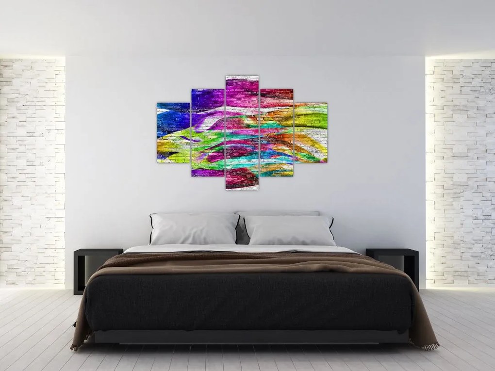 Tablou - Zid de cărămidă cu flăcări colorate (150x105 cm)