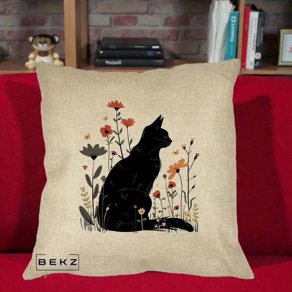 Perna Decorativa Pisica Neagra Profil Flori Portocalii, 40x40 cm, Crem, Husa Detasabila, Perna Inclusa, BEKZ®