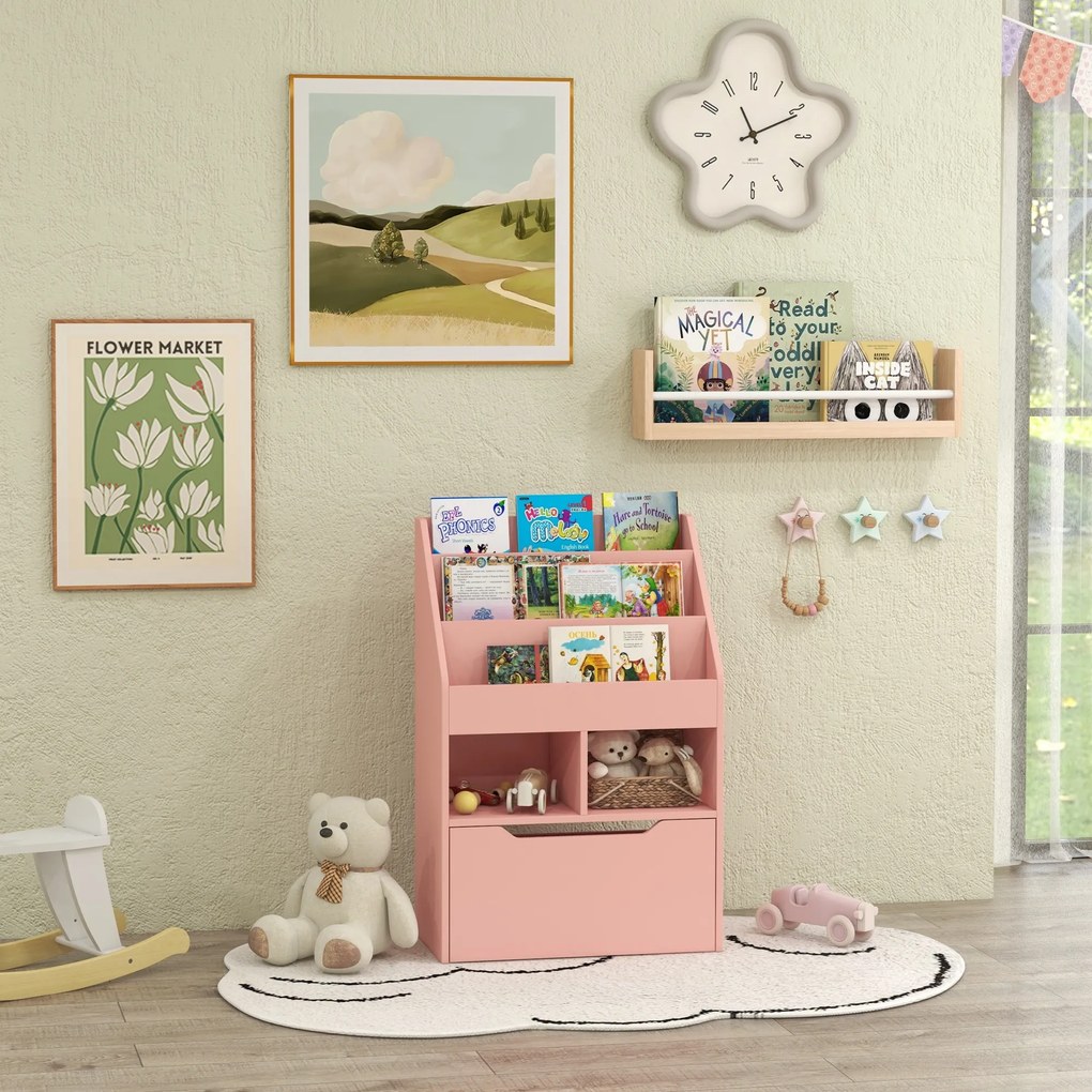 HOMCOM Bibliotecă pentru Copii cu Rafturi, Sertar și Roți, Raft pentru Jucării și Cărți, 60x29.9x90 cm, Roz | Aosom Romania
