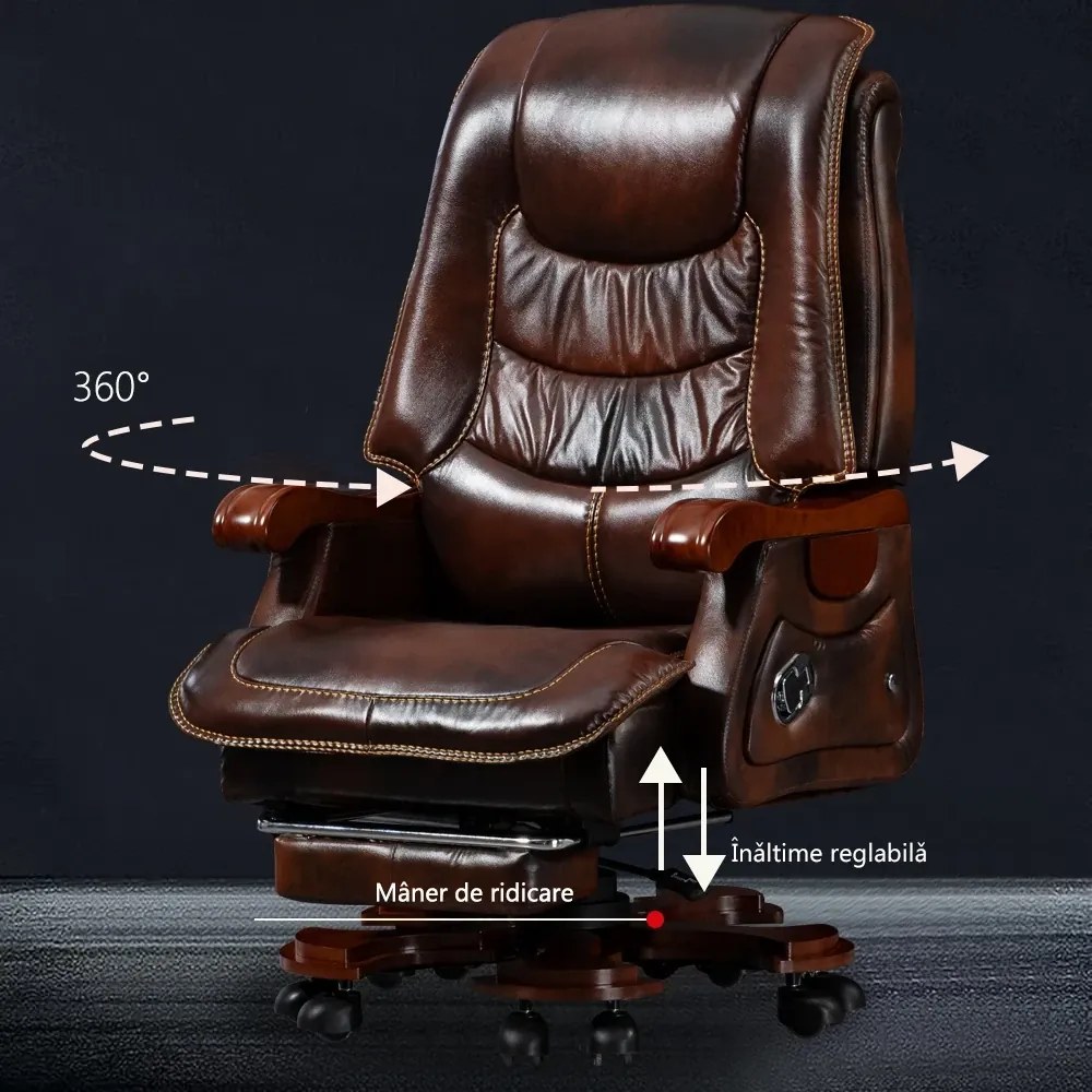 RESIGILAT- Scaun directorial din piele naturala si lemn masiv, Masaj in 9 puncte si Incalzire, rezistent 150 kg, Maro