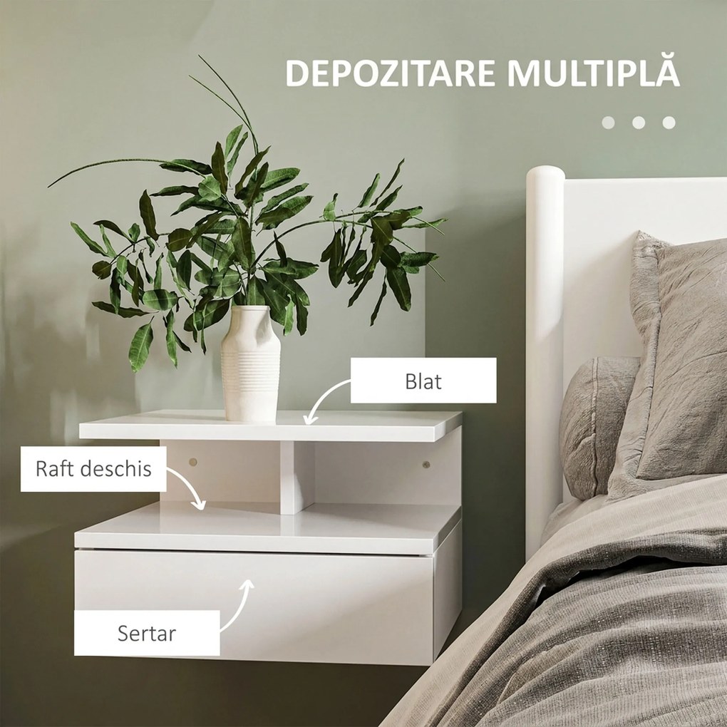 HOMCOM Set de 2 Noptiere Suspendate cu Raft Superior, Design Modern, Lemn, Alb Lucios, 35x32x22.5cm | Aosom Romania