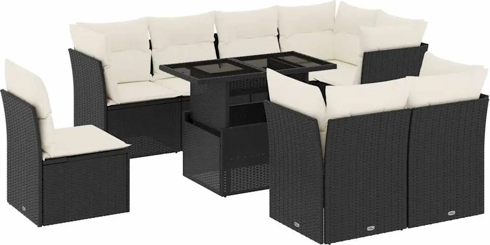 vidaXL Set mobilier de grădină cu perne, 9 piese, negru, poliratan