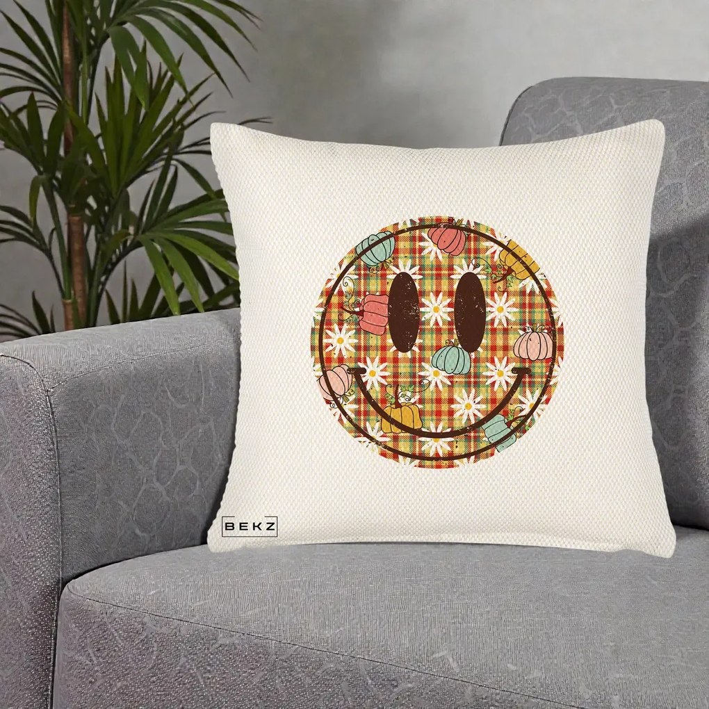 Perna Decorativa Smiley Face de Toamna cu Tartan si Dovlecei, 40x40 cm, Crem Reliefat, Husa Detasabila, Perna Inclusa, BEKZ®