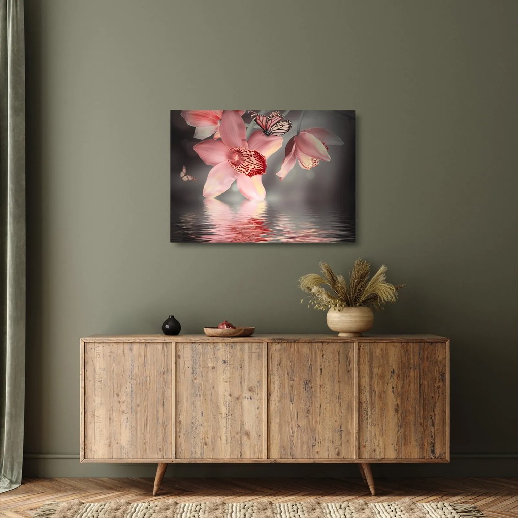 Tablou pe sticlă - Flori și fluture (70x50 cm)